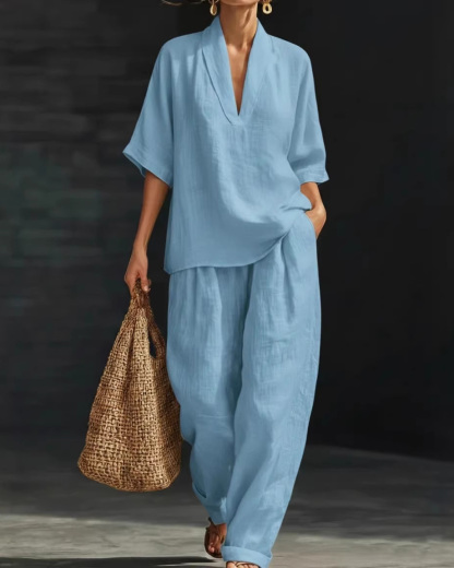 Casual Loose-Fit Solid-Color Two-Piece Set