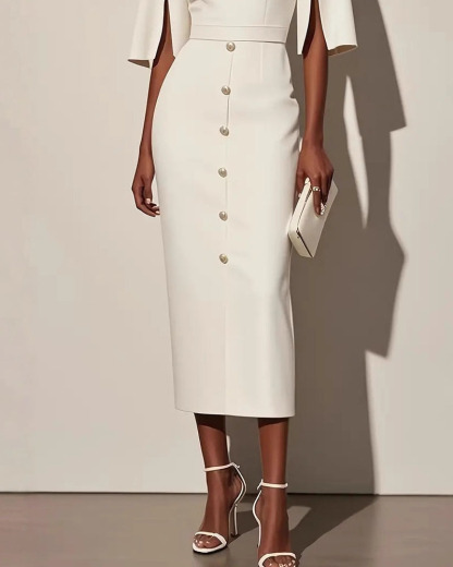 Solid Color Crewneck Waist-Defined Dress With Slit And Button Details