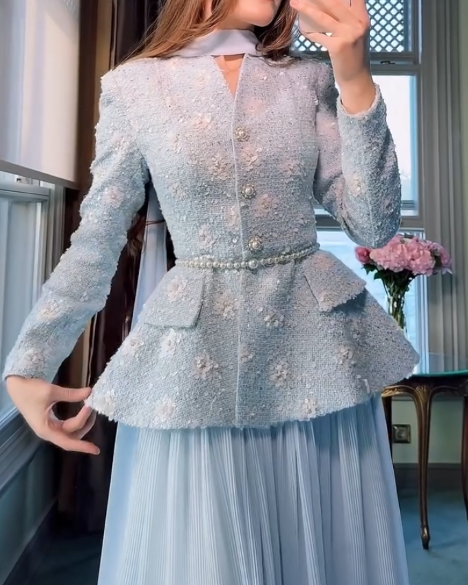 Elegant Pearl Butterfly Jacket and Pleated Skirt Two-Piece Set