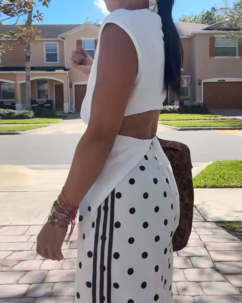 Solid Color Top + Polka Dot Printed Pants Two-Piece Set