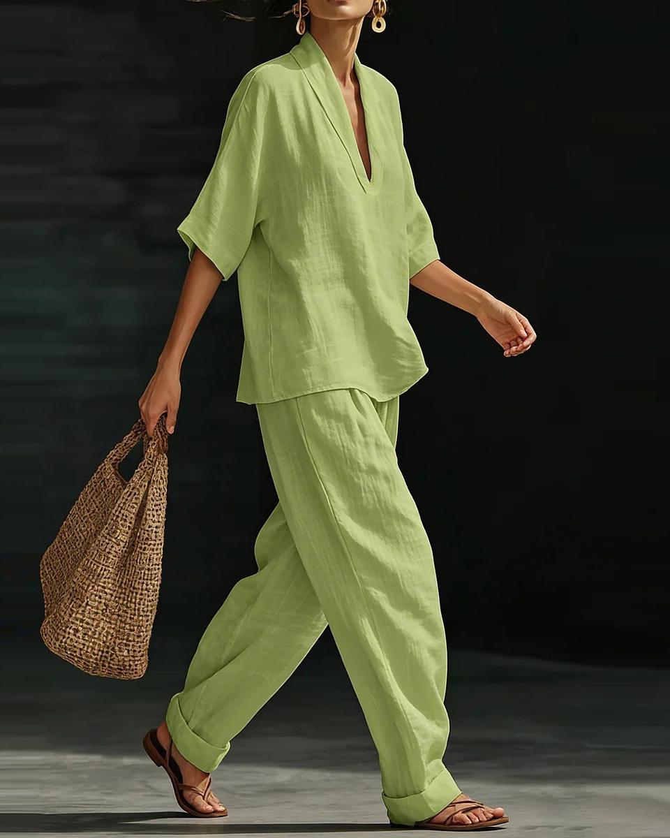 Casual Loose-Fit Solid-Color Two-Piece Set