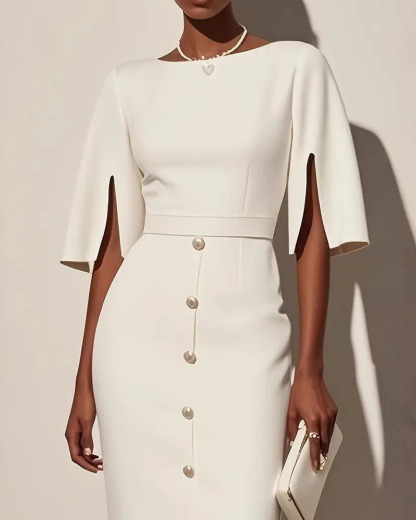 Solid Color Crewneck Waist-Defined Dress With Slit And Button Details