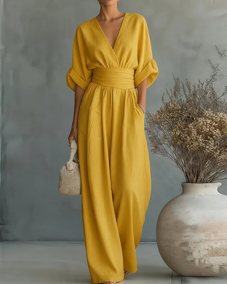Solid-Color V-Neck Waist-Cinching Jumpsuit