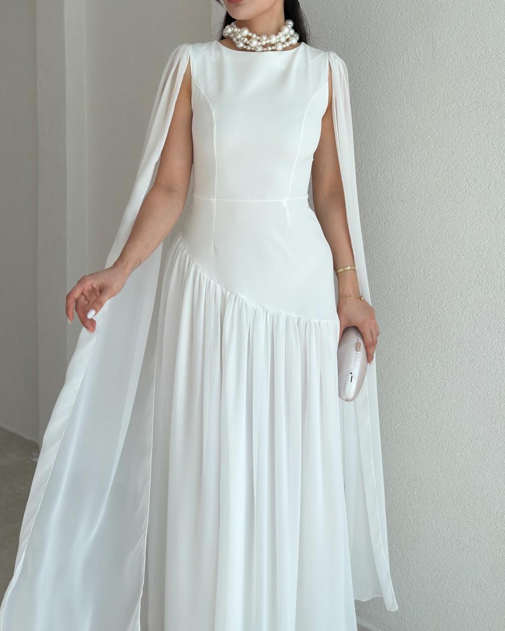 Elegant Shawl-Style Round Neck Solid Color Dress