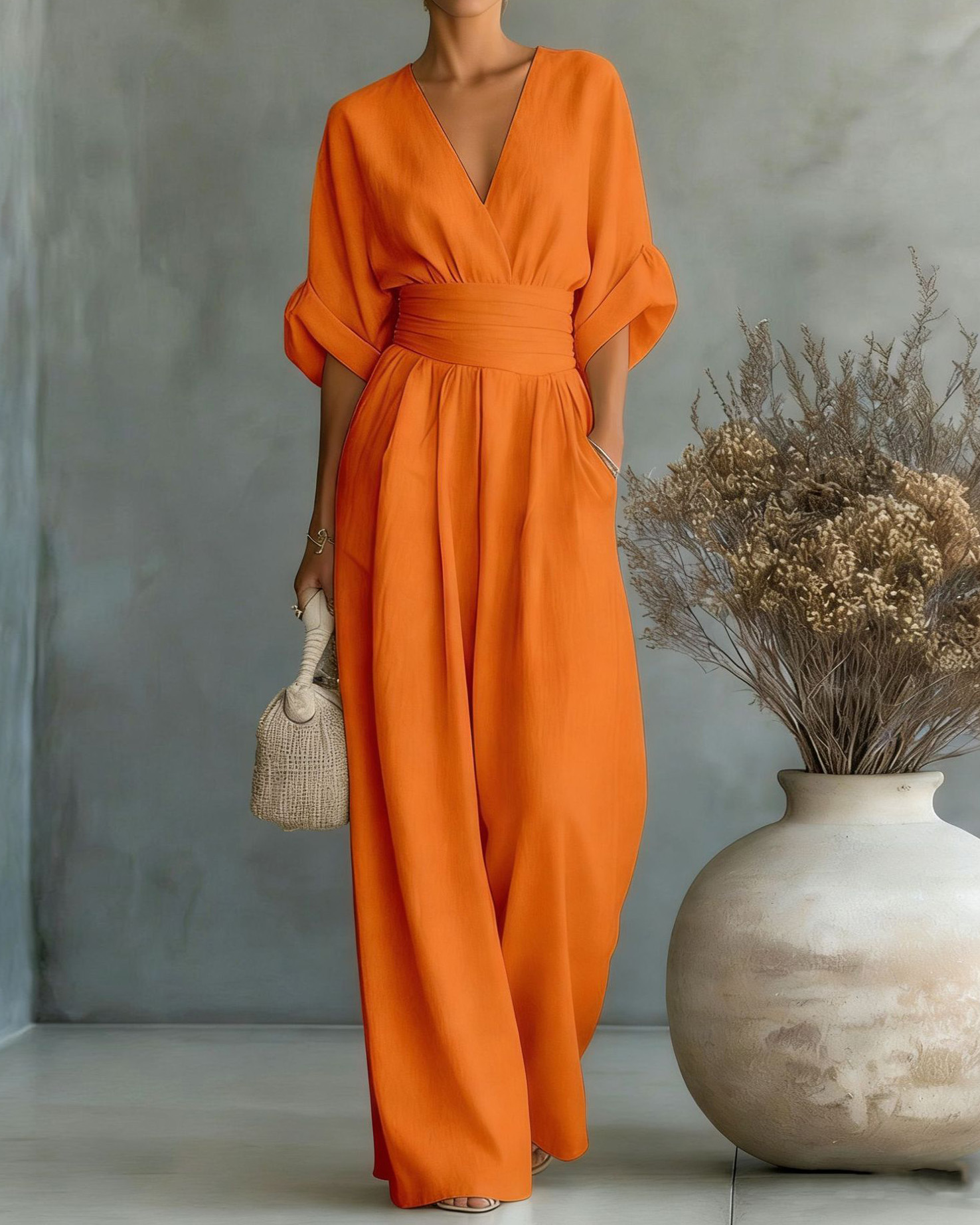 Solid-Color V-Neck Waist-Cinching Jumpsuit