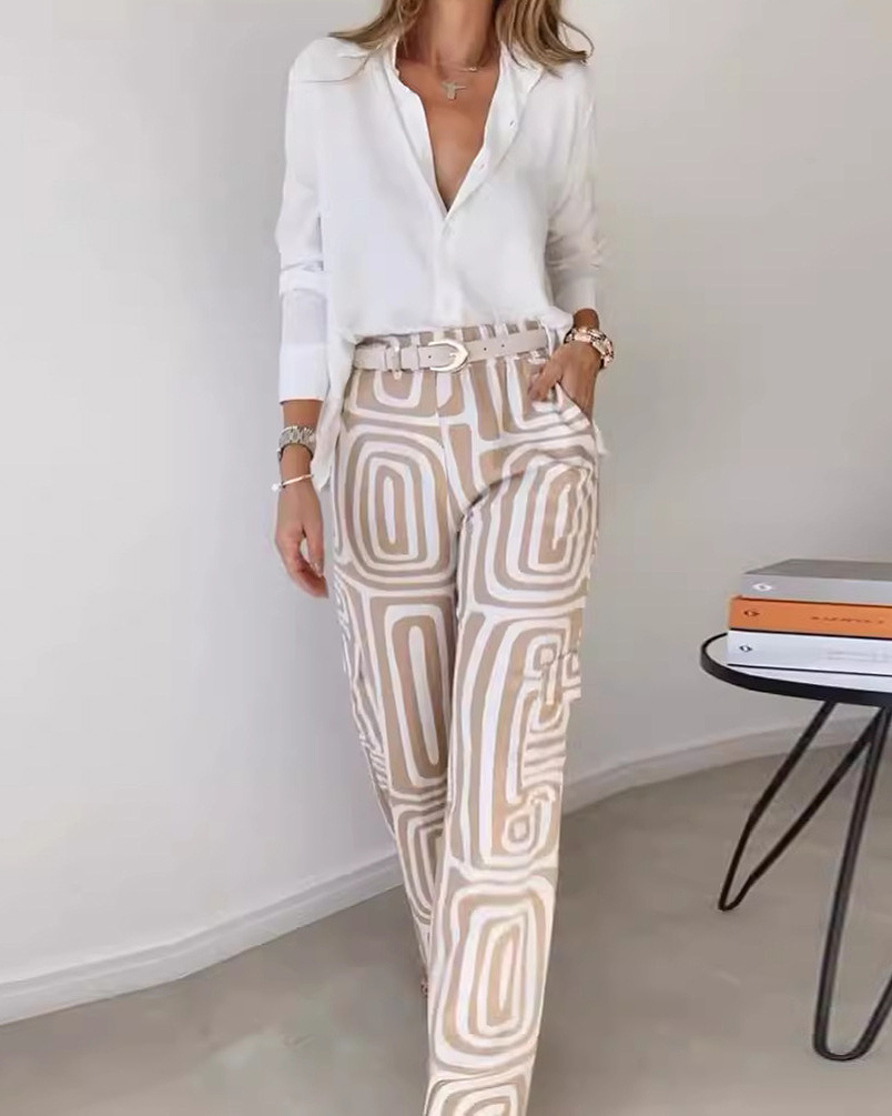 Two-piece set: collared casual solid color top + printed pants