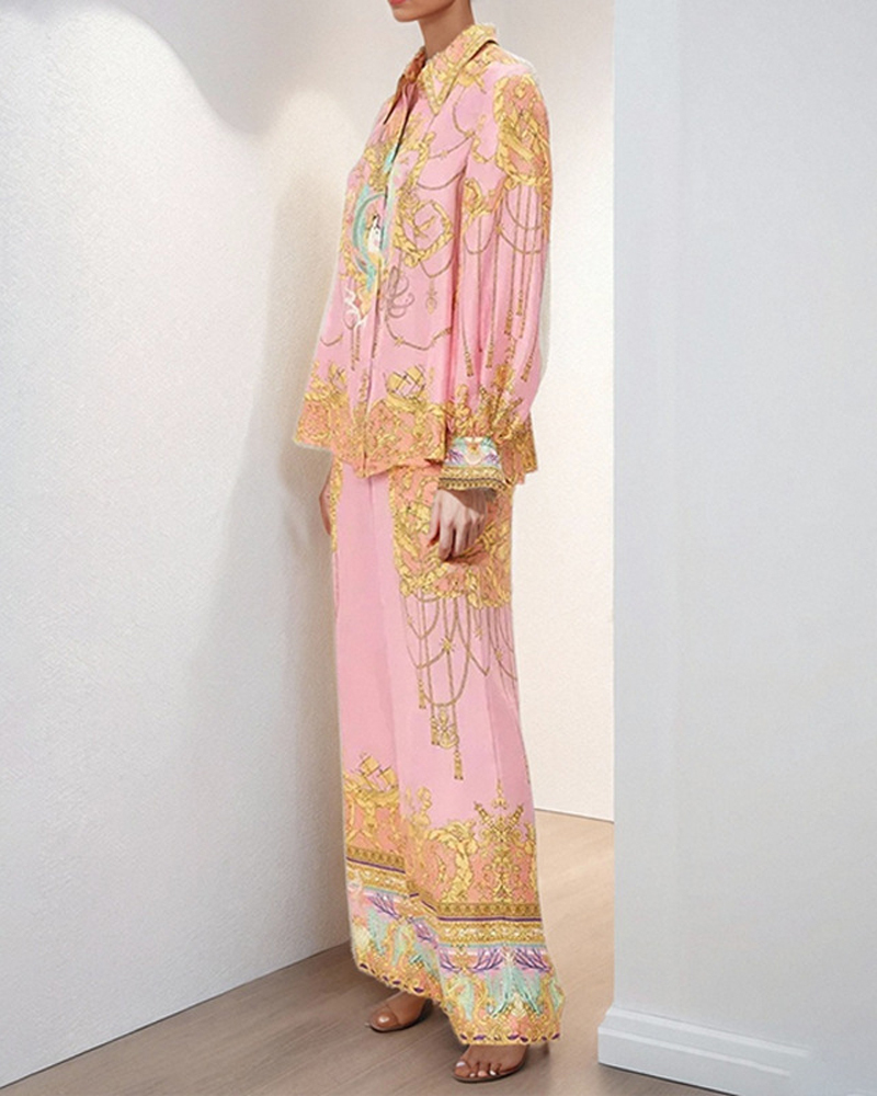 Pink Printed Shirt and Trousers Casual Fashion Set