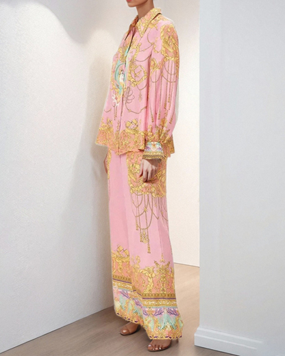 Pink Printed Shirt and Trousers Casual Fashion Set