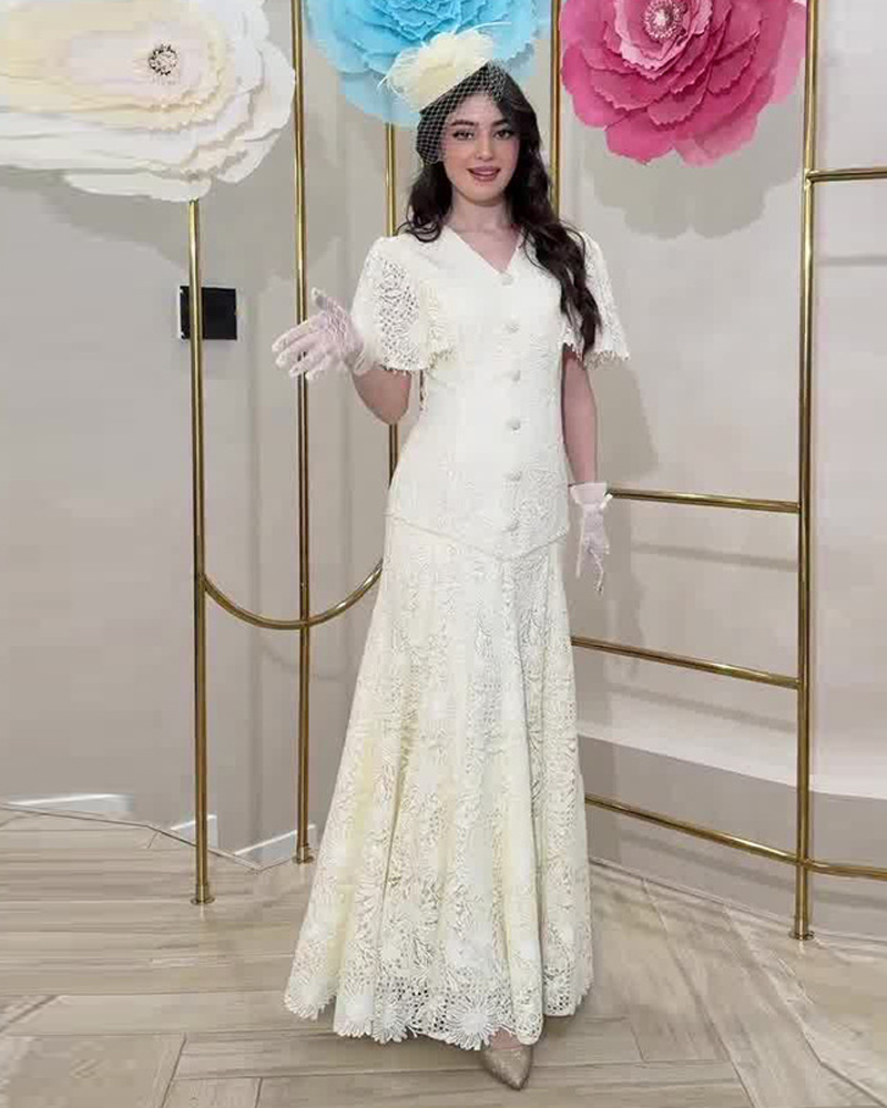 Elegant Pure White Two-Piece Set: Slim-Fit V-Neck with Lace Accents