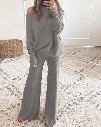 Solid Color Batwing Long-Sleeve Two-Piece Set