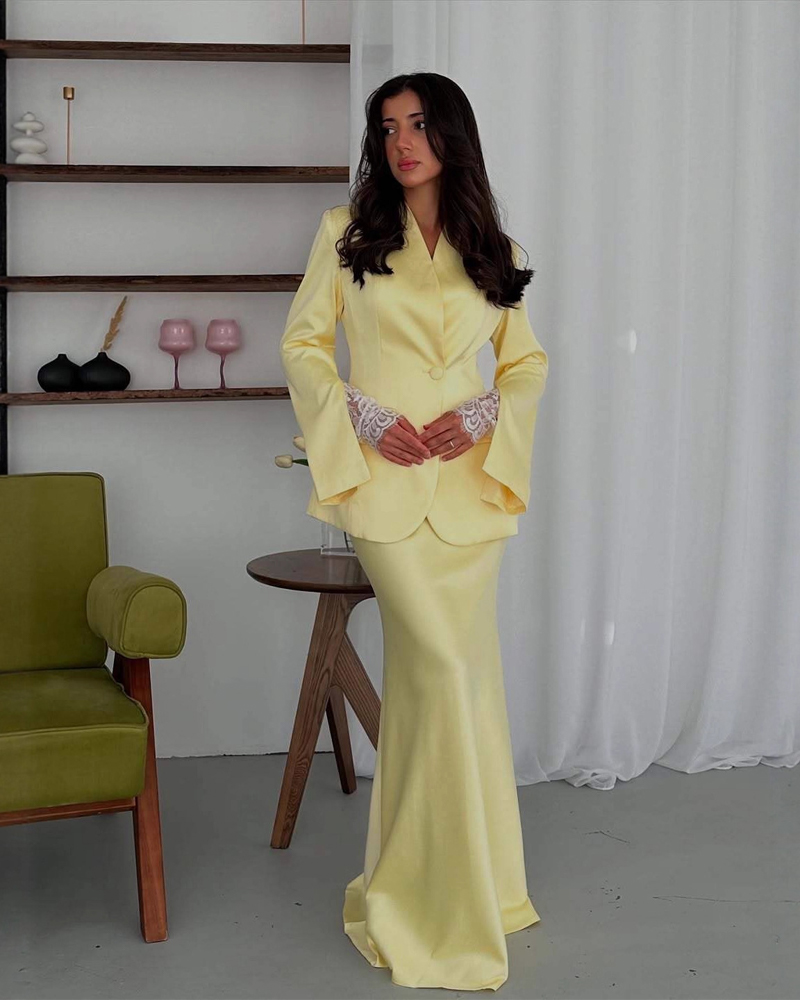 Elegant Two-Piece Set: Slim-Fit Solid-Color Blazer and Satin Maxi Skirt