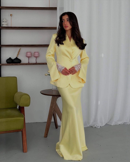Elegant Two-Piece Set: Slim-Fit Solid-Color Blazer and Satin Maxi Skirt