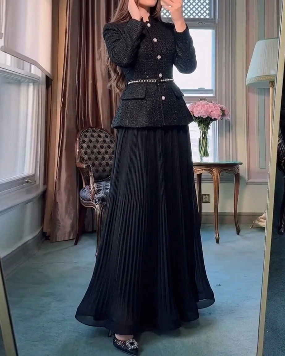 Elegant Pearl Butterfly Jacket and Pleated Skirt Two-Piece Set