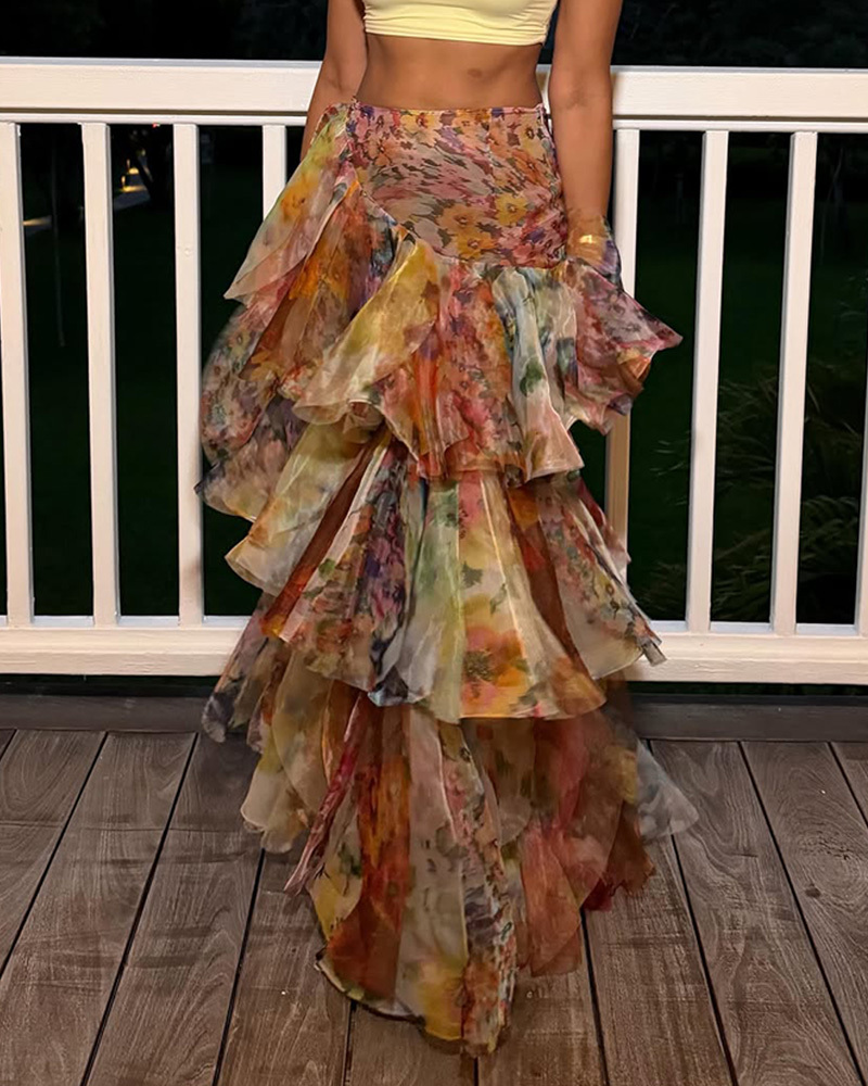 Sleeveless Solid-Color Top + Layered Printed Skirt Two-Piece Set