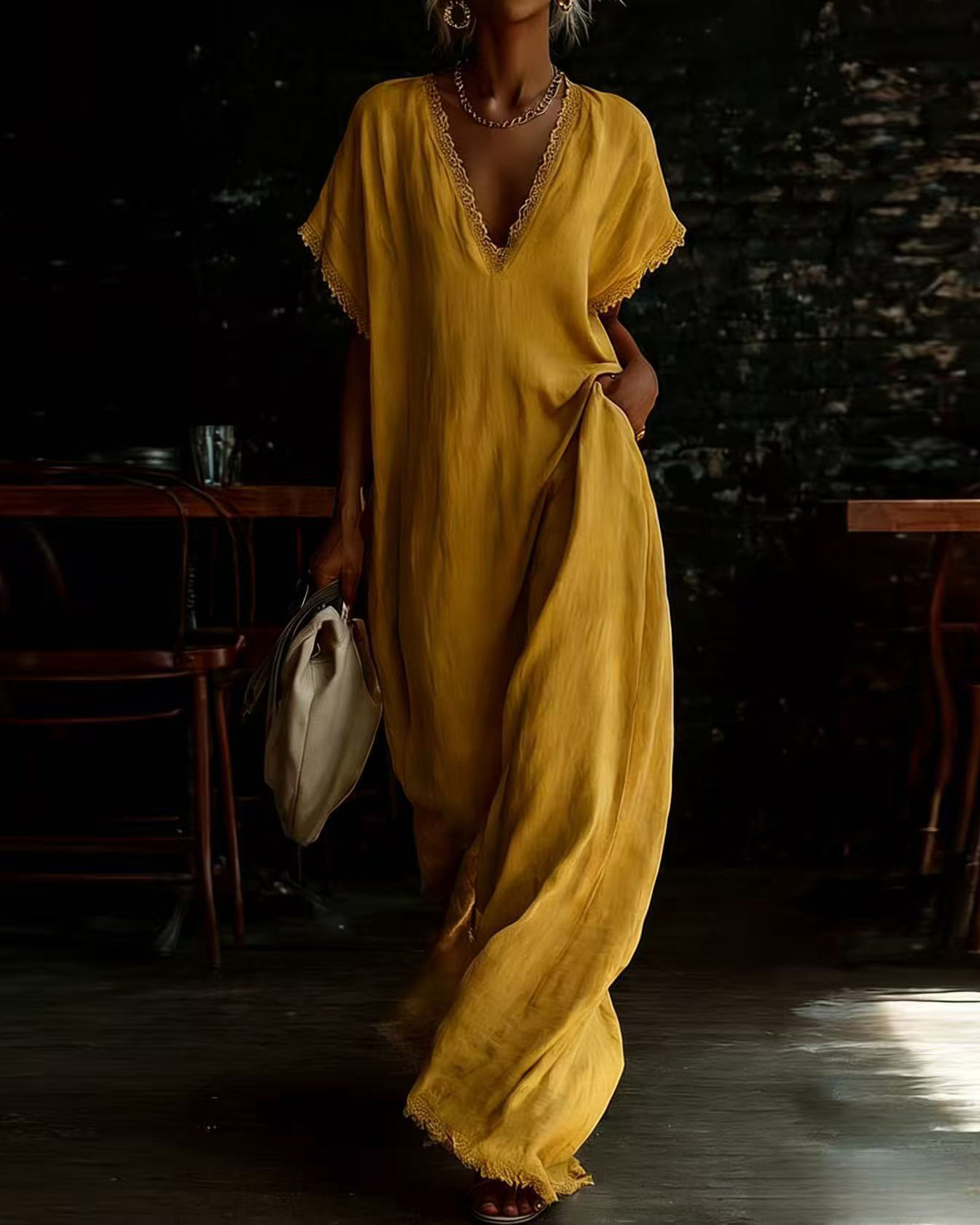 Loose-Fit V-Neck Solid-Color Casual Dress