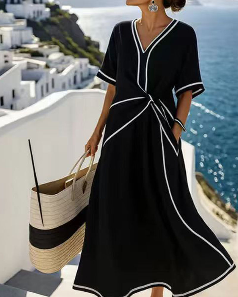 V-Neck Printed Striped Dress