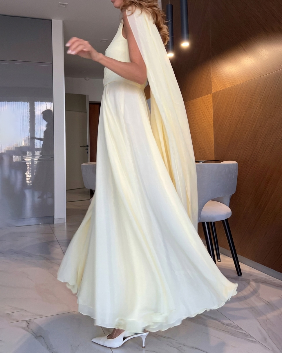 Solid-Color One-Shoulder Chiffon Shawl-Style Dress