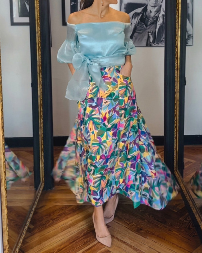 Elegant Off-Shoulder Printed Two-Piece Set