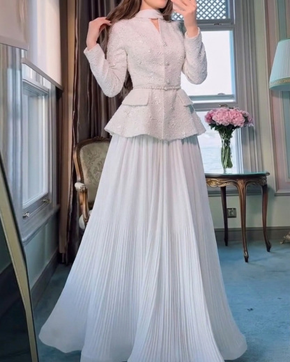 Elegant Pearl Butterfly Jacket and Pleated Skirt Two-Piece Set