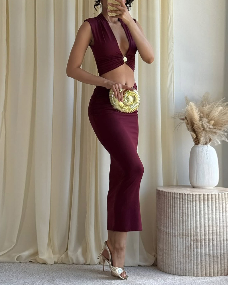 Sleeveless Cutout Twisted Solid-Color Two-Piece Set