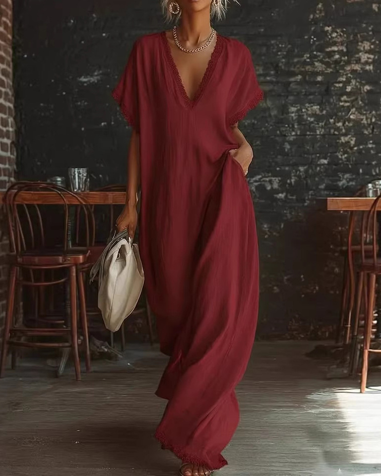 Loose-Fit V-Neck Solid-Color Casual Dress