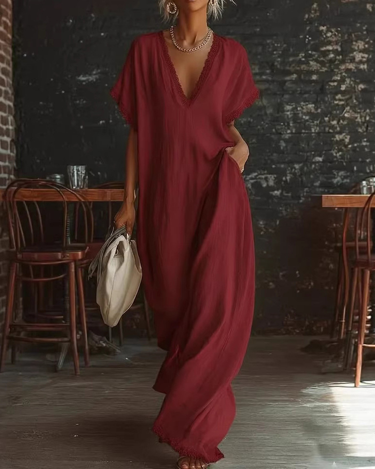 Loose-Fit V-Neck Solid-Color Casual Dress