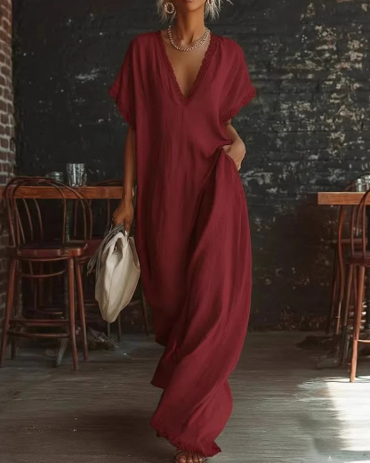 Loose-Fit V-Neck Solid-Color Casual Dress