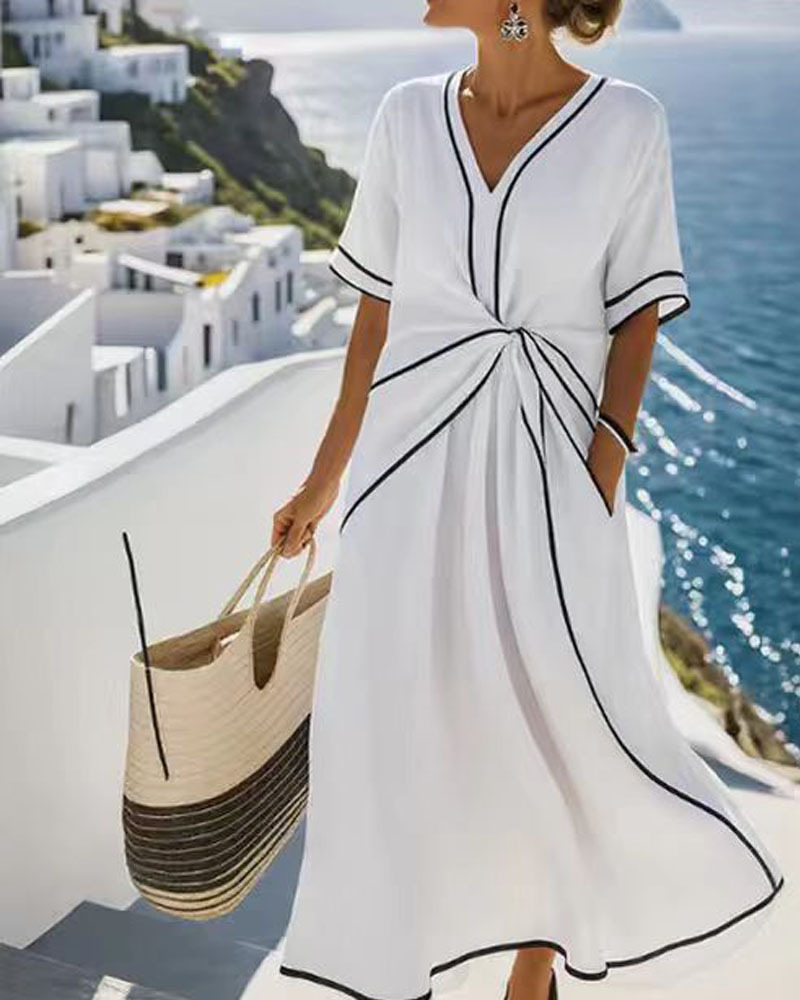 V-Neck Printed Striped Dress