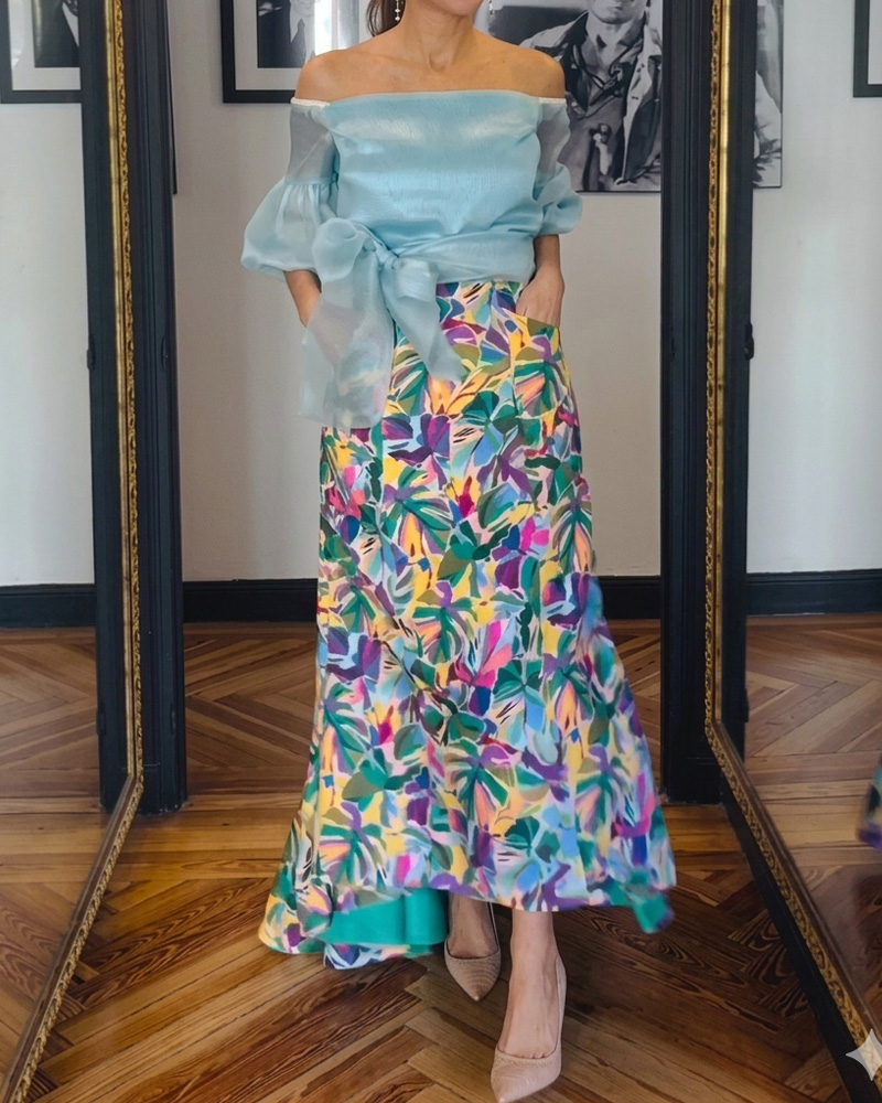 Elegant Off-Shoulder Printed Two-Piece Set