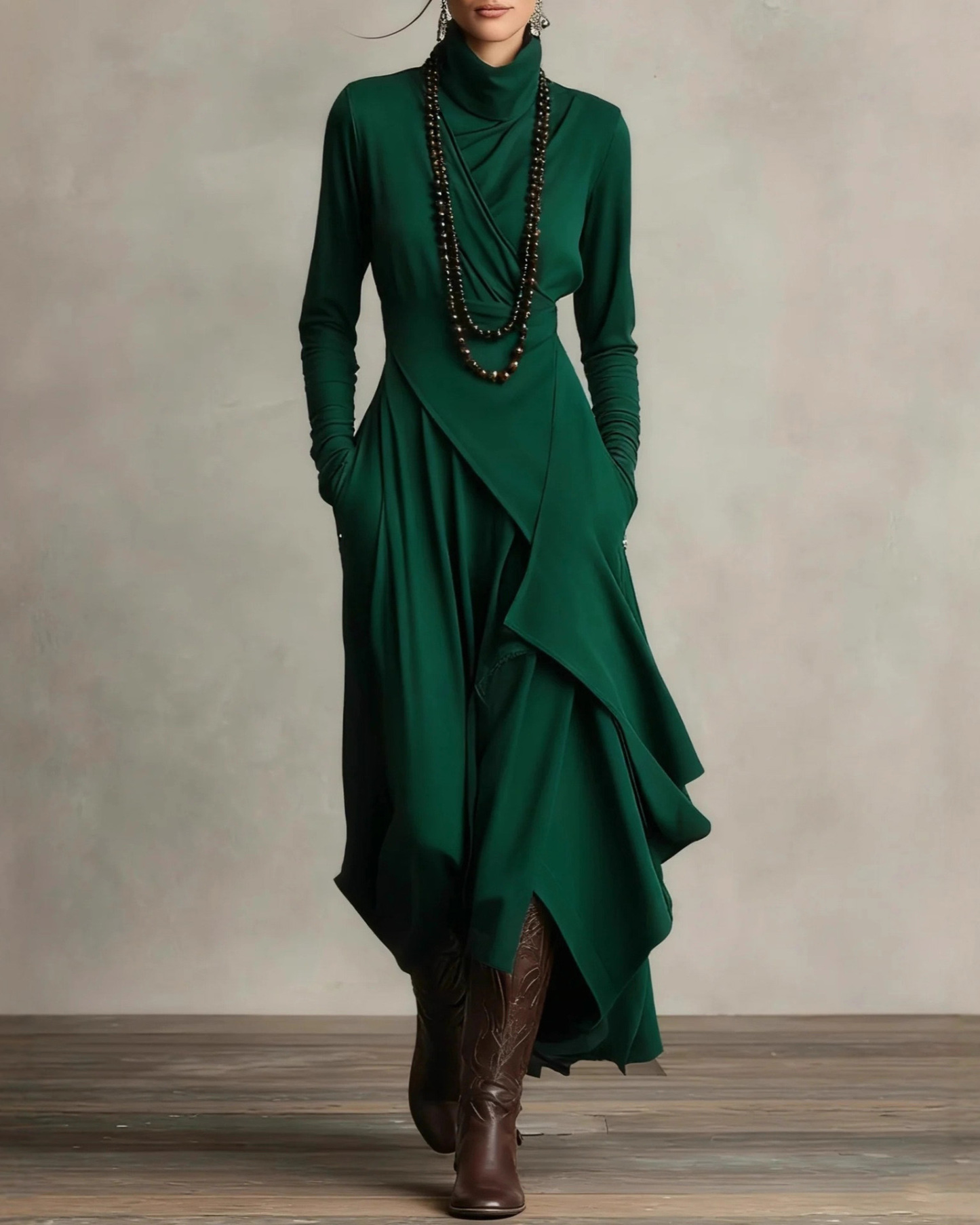 Long-Sleeved Crossover High-Neck Dress