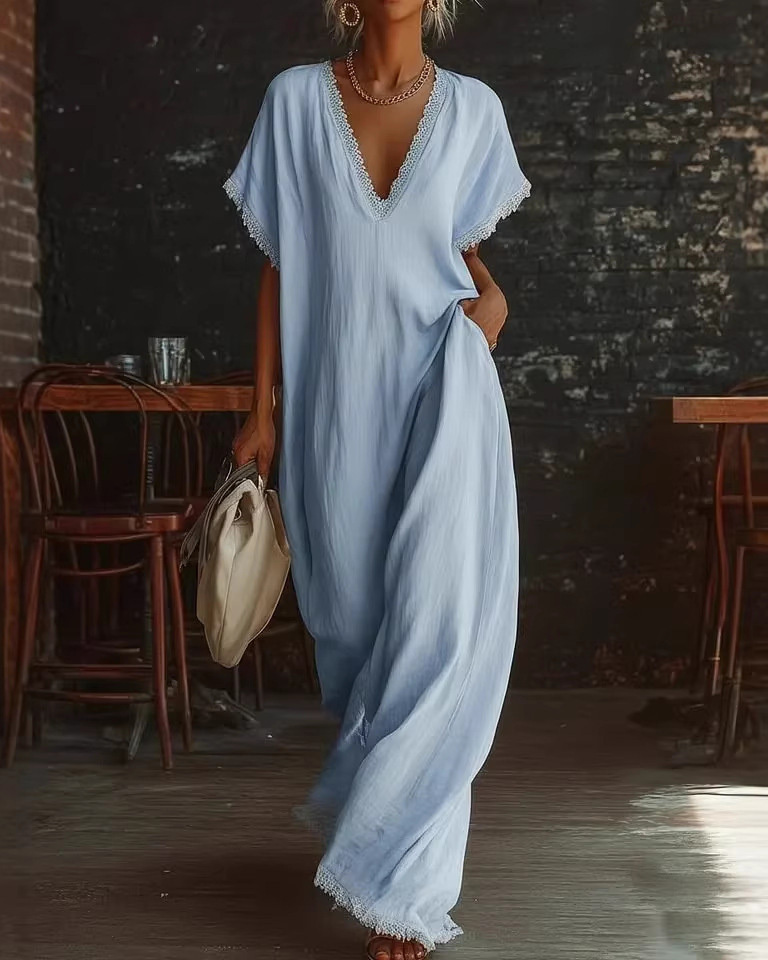 Loose-Fit V-Neck Solid-Color Casual Dress