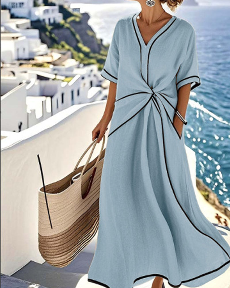 V-Neck Printed Striped Dress