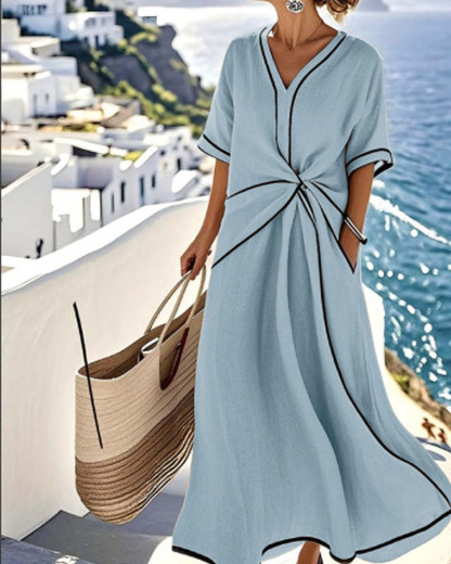 V-Neck Printed Striped Dress