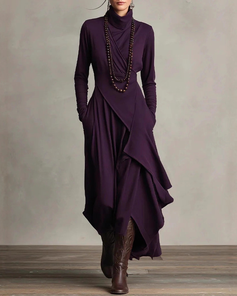 Long-Sleeved Crossover High-Neck Dress