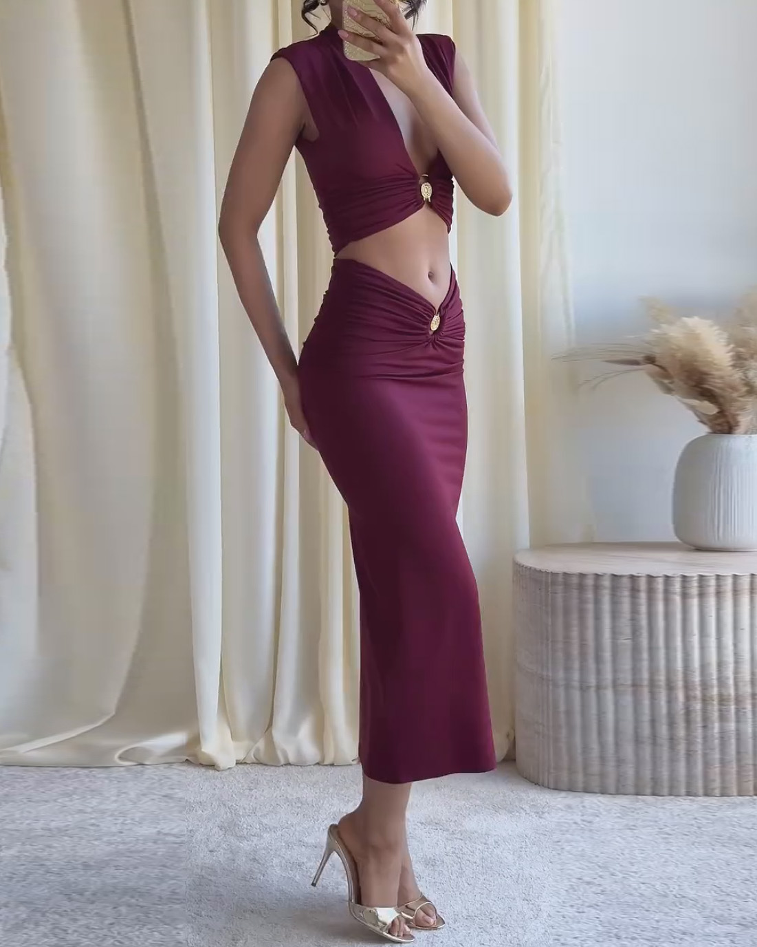 Sleeveless Cutout Twisted Solid-Color Two-Piece Set