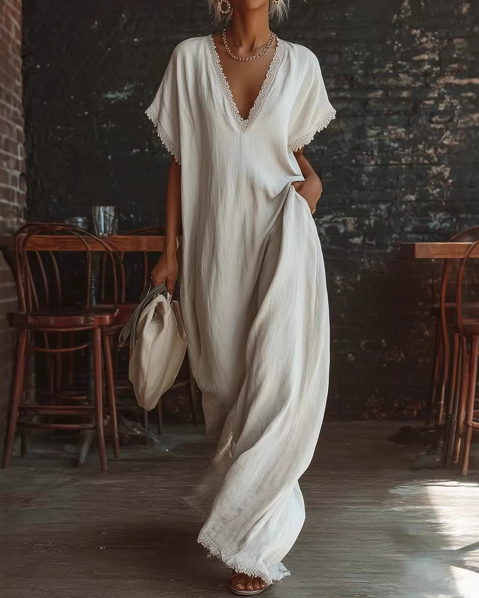 Loose-Fit V-Neck Solid-Color Casual Dress