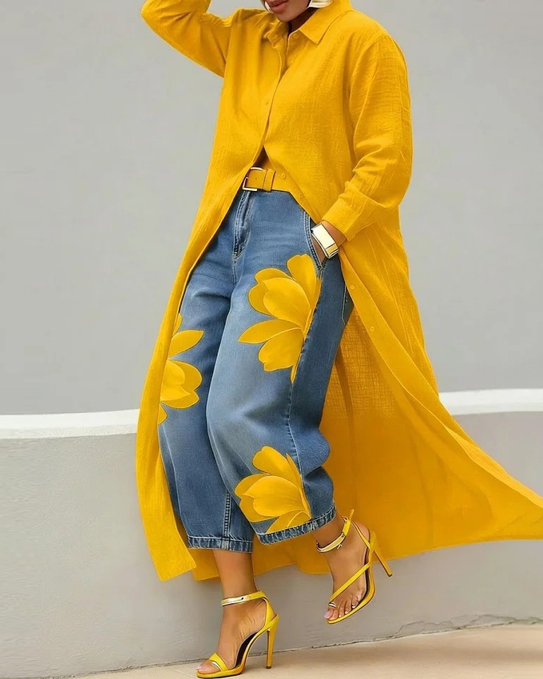 Casual Solid-Color Shirt Dress with Turn-Down Collar