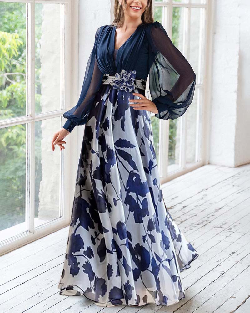 A Line/Princess V-Neck Long Sleeves Floral Dresses