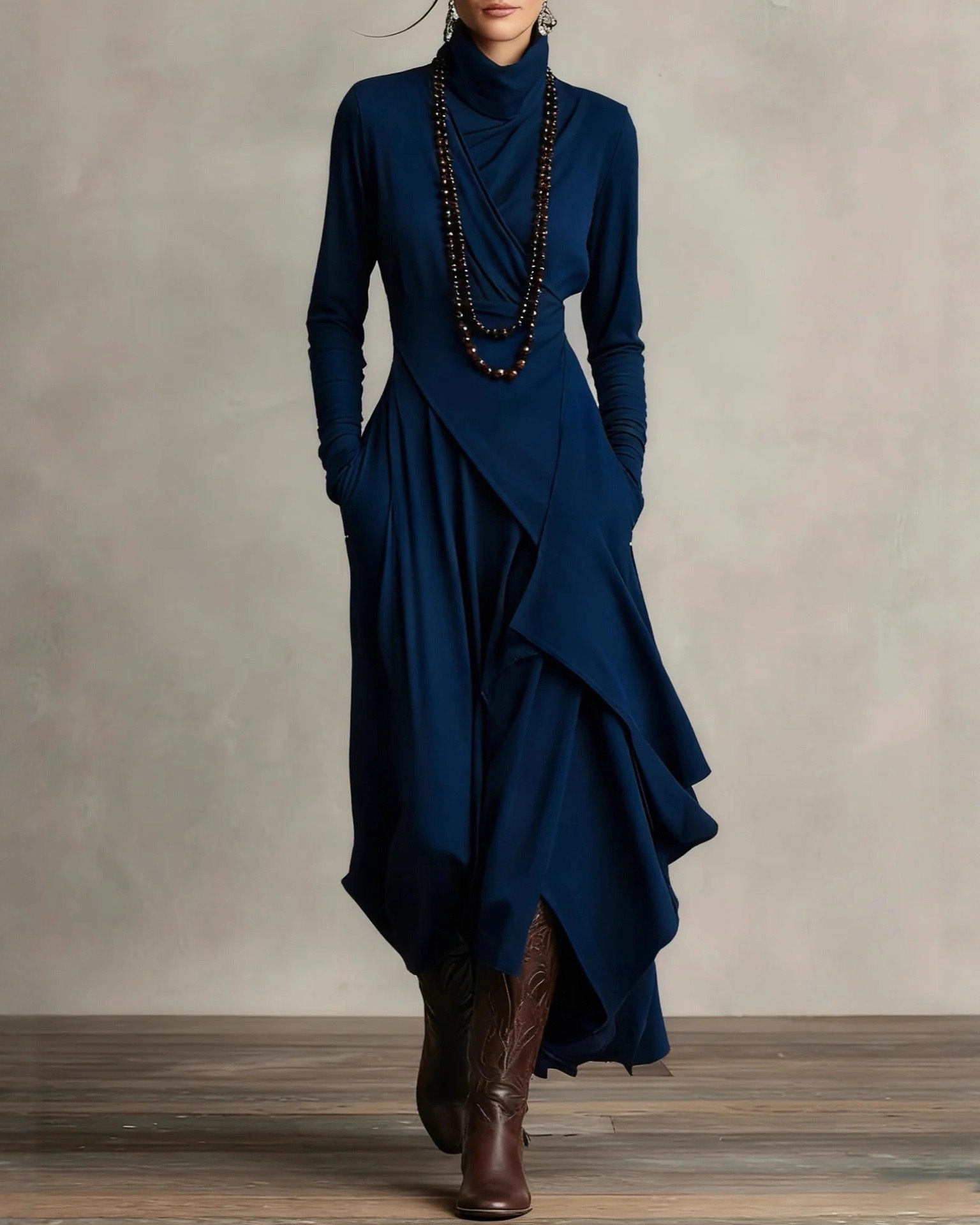 Long-Sleeved Crossover High-Neck Dress
