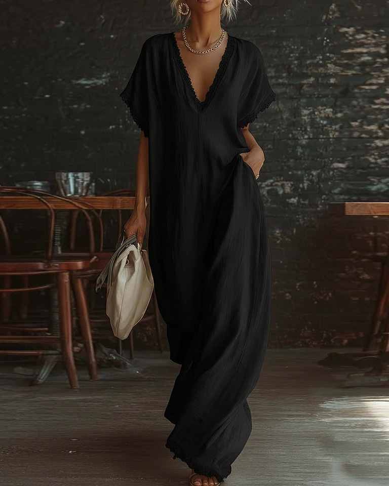 Loose-Fit V-Neck Solid-Color Casual Dress