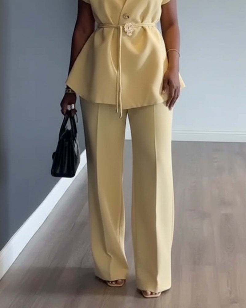 Sleeveless casual solid color two-piece set