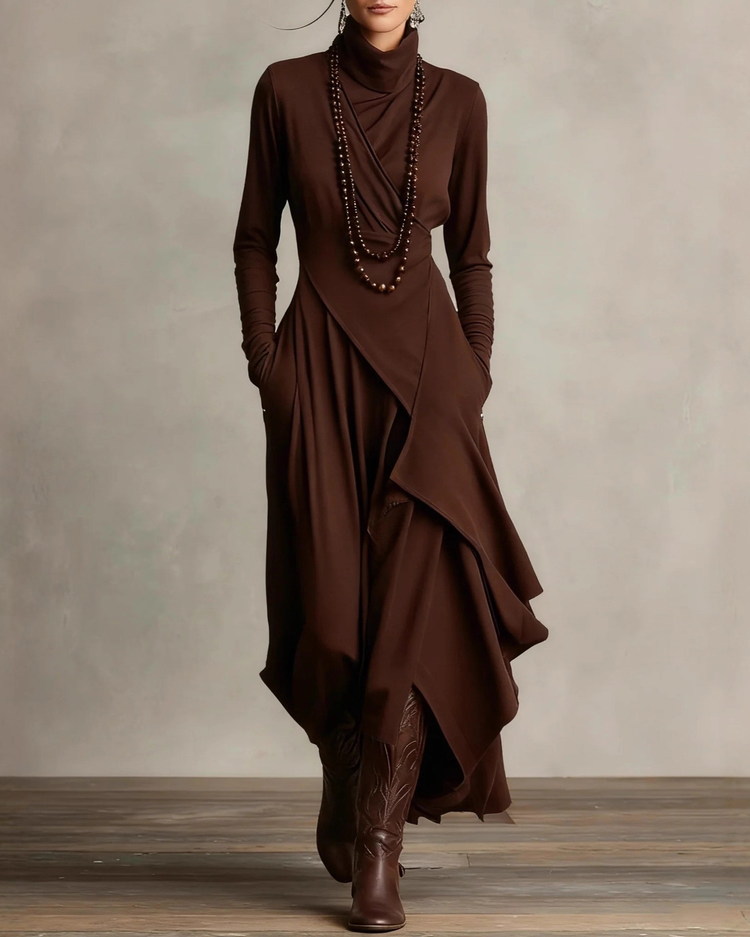 Long-Sleeved Crossover High-Neck Dress