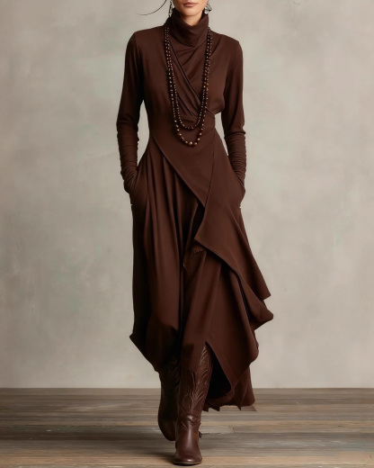 Long-Sleeved Crossover High-Neck Dress