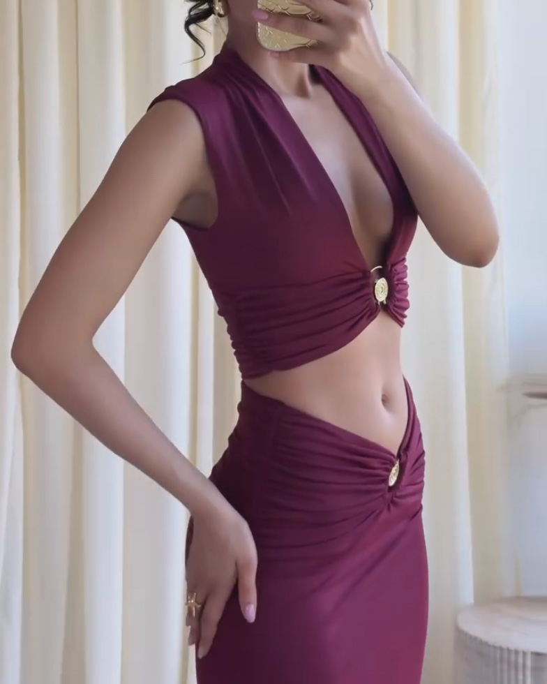 Sleeveless Cutout Twisted Solid-Color Two-Piece Set