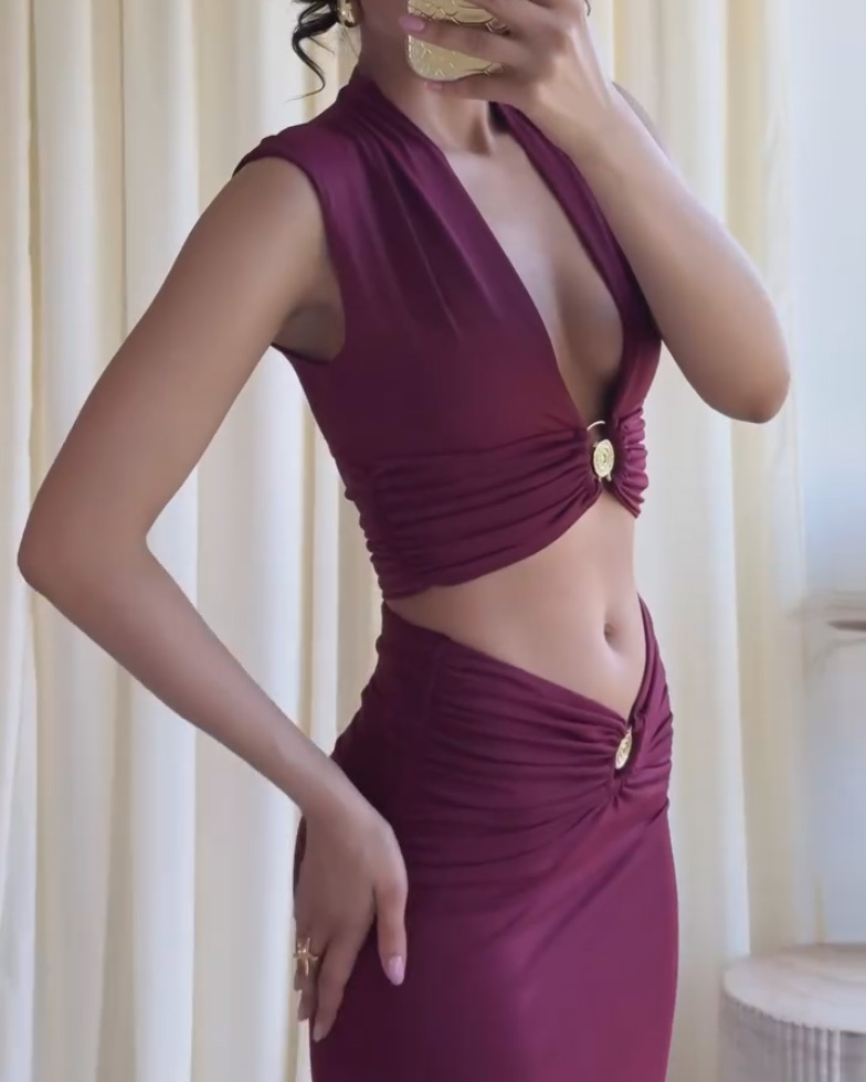 Sleeveless Cutout Twisted Solid-Color Two-Piece Set