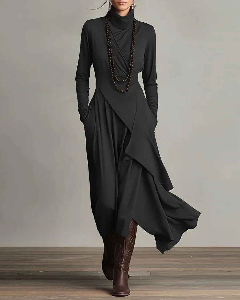 Long-Sleeved Crossover High-Neck Dress