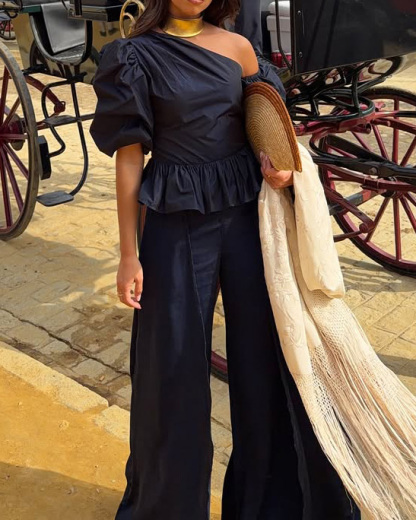 Off-Shoulder Casual Solid-Color Two-Piece Set