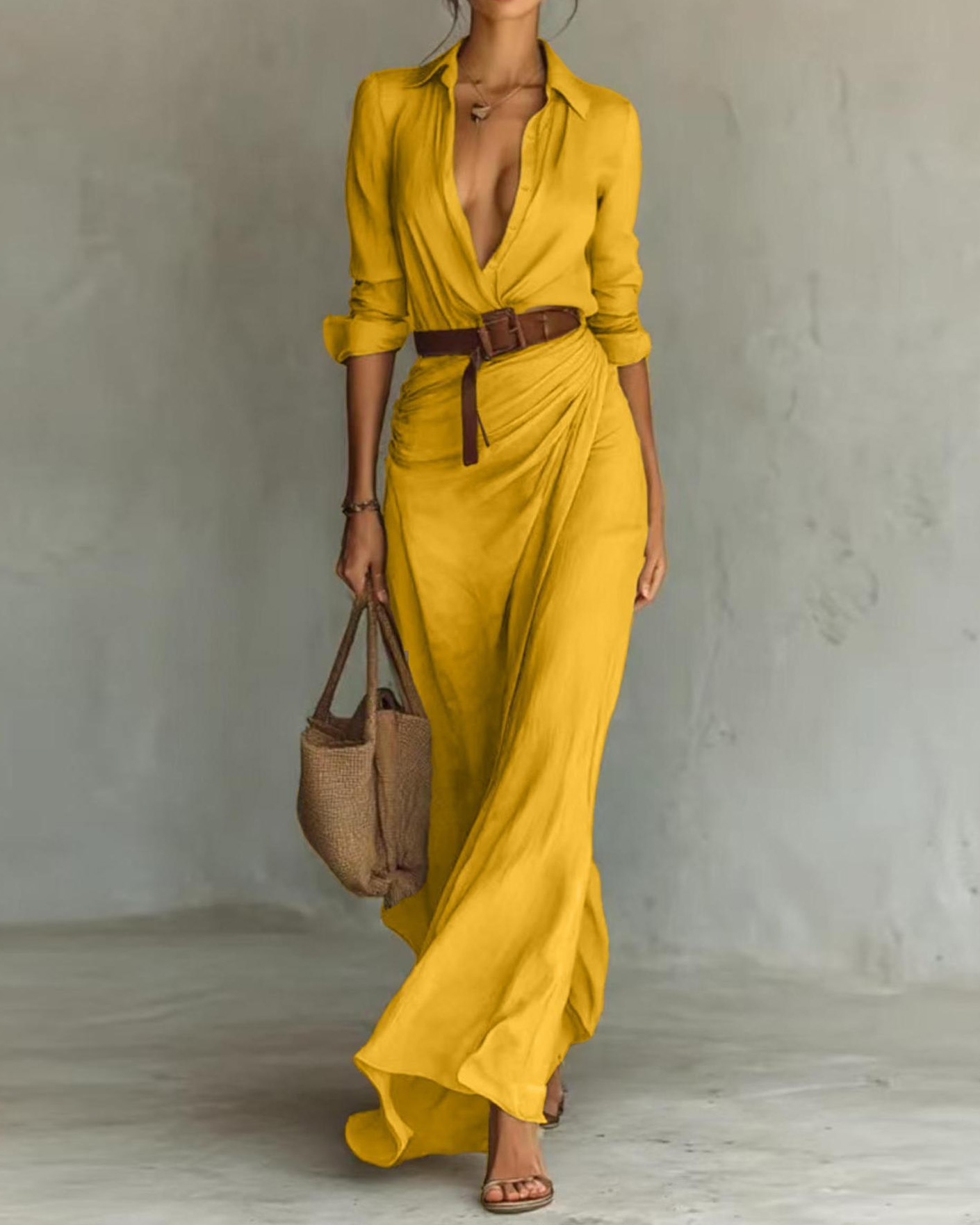 Elegant, Sexy, Solid Color, Irregular Pleats, Belted Dress