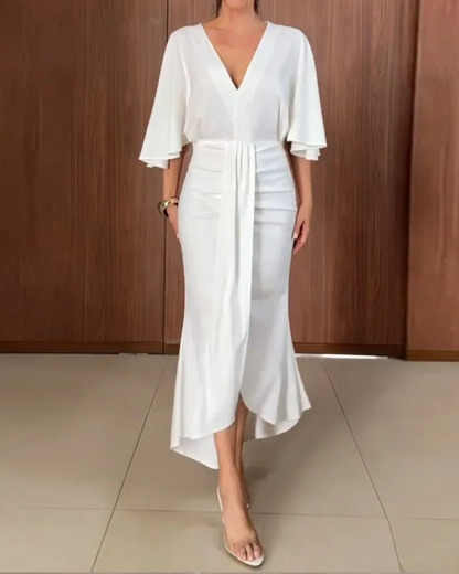 V-neck fitted waist solid color dress