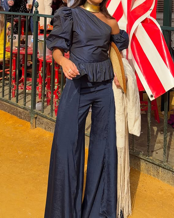 Off-Shoulder Casual Solid-Color Two-Piece Set